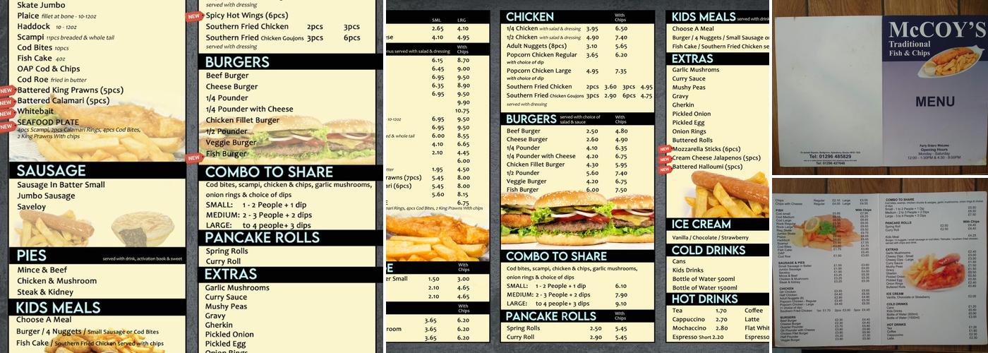 McCoy's fish and chips takeaway and restaurant Menu