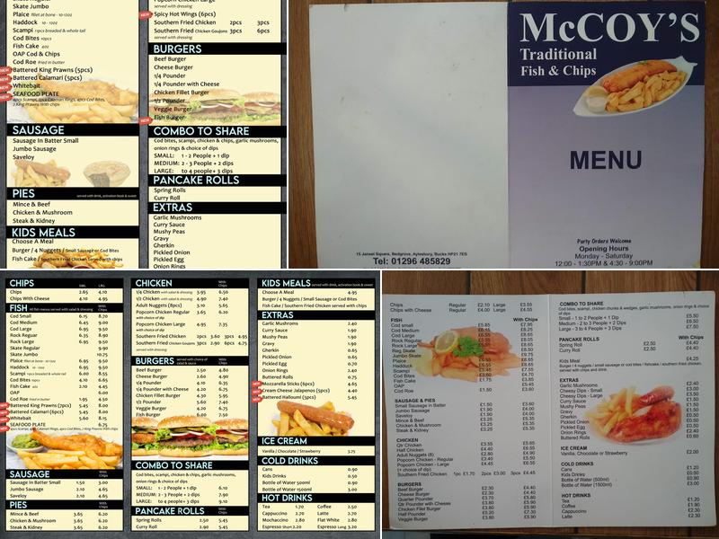 McCoy's fish and chips takeaway and restaurant Menu