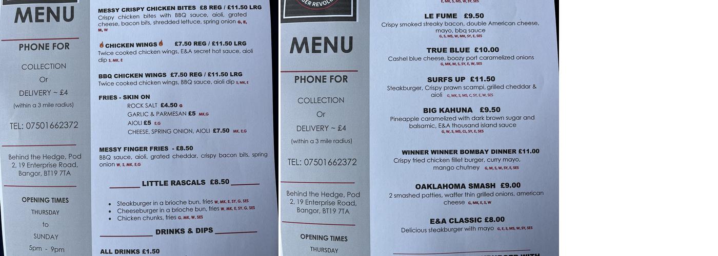 Eileen and Ann's burger revolution Menu