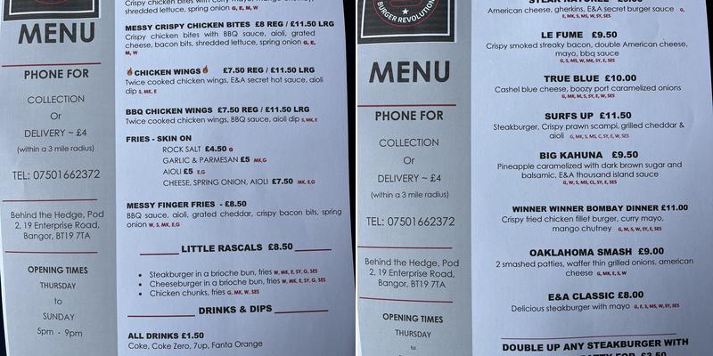 Eileen and Ann's burger revolution Menu