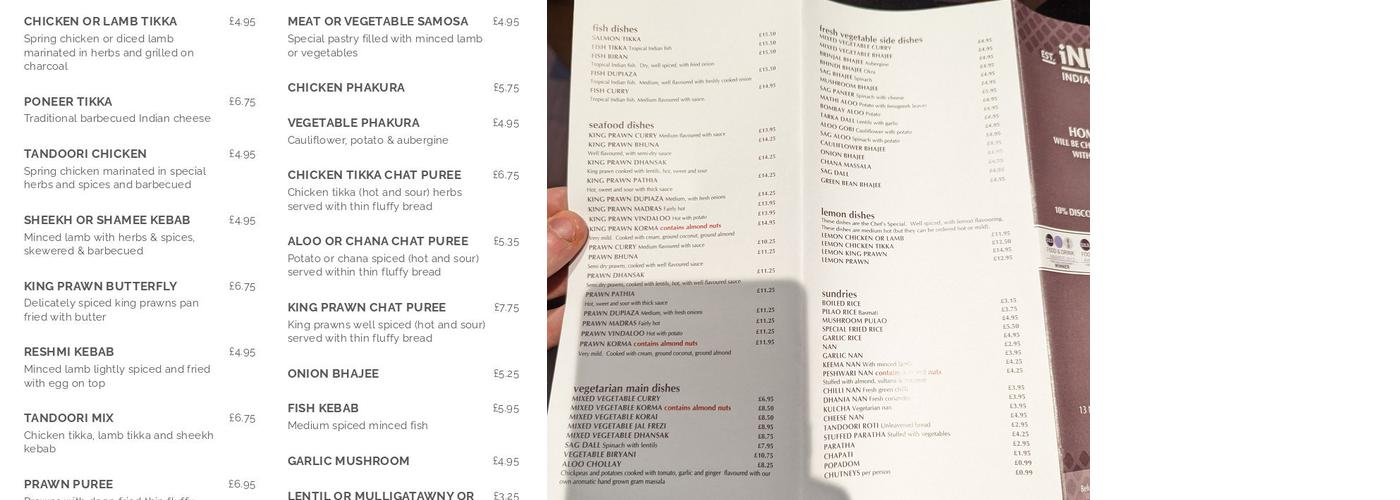 The Indus Restaurant Menu