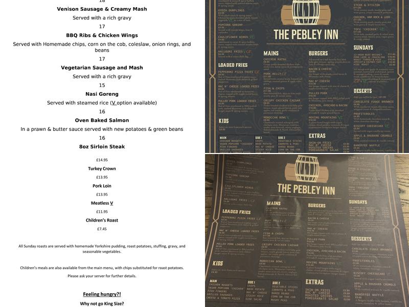 The Pebley Inn Menu
