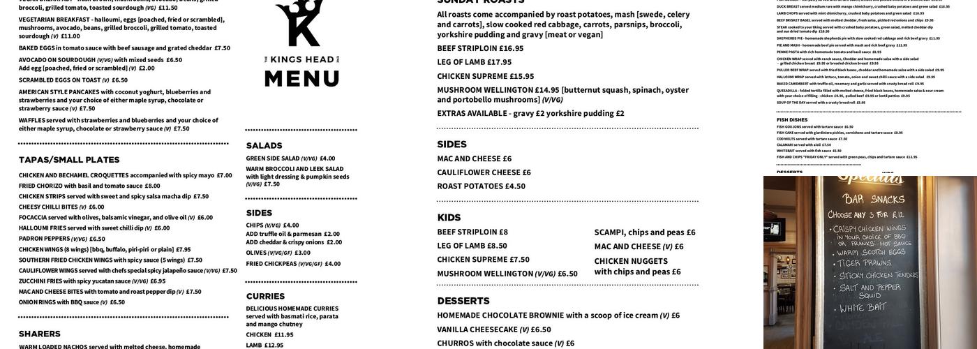 The Kings Head Enfield Menu