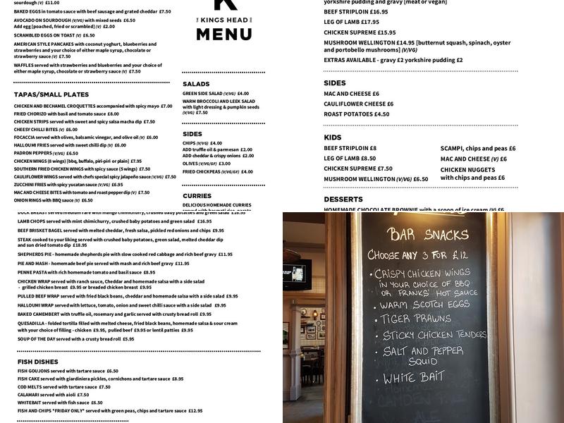 The Kings Head Enfield Menu