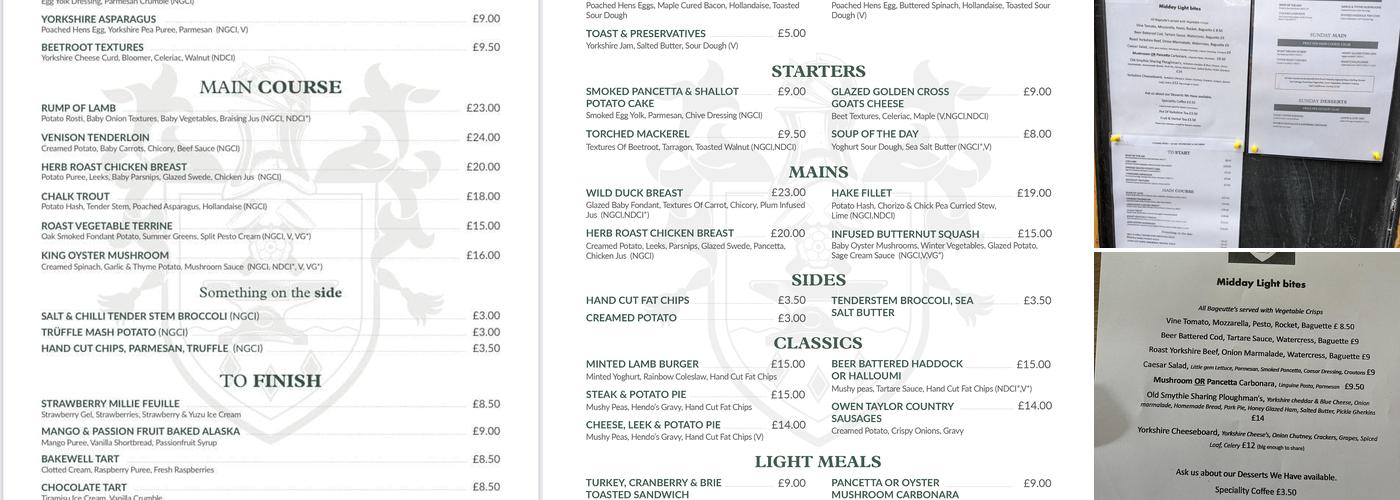 The Old Smythie Restaurant Wentworth Menu