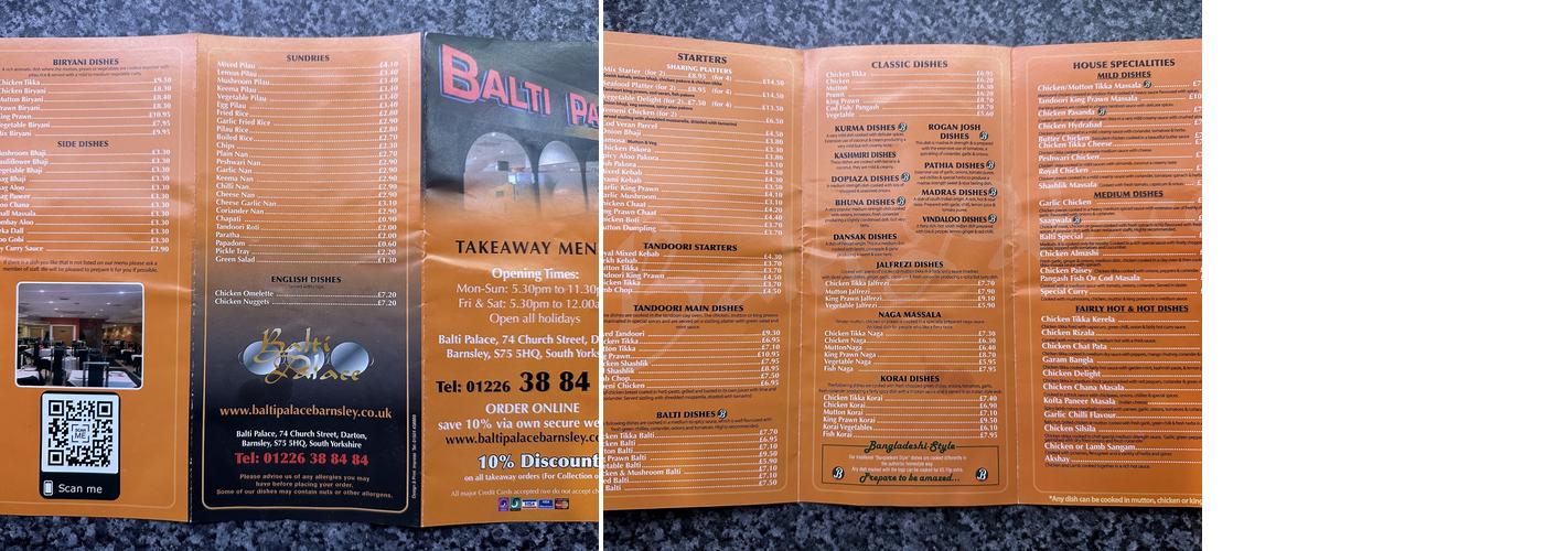 Balti Palace Darton Menu