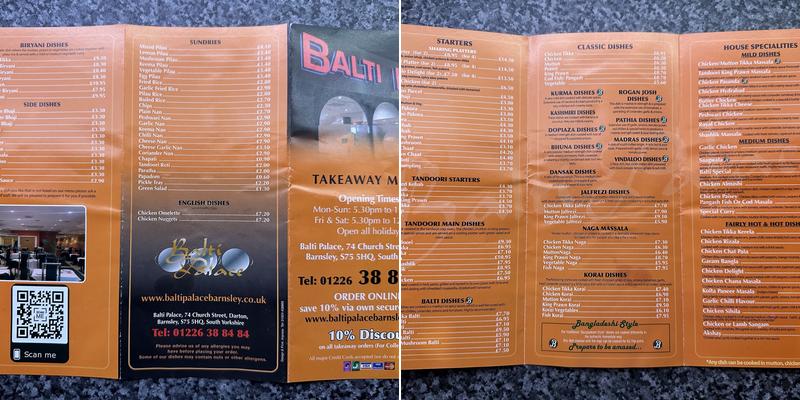 Balti Palace Darton Menu