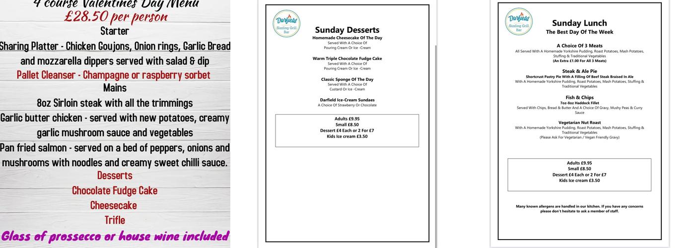 Darfield Sizzling Grill Bar Menu