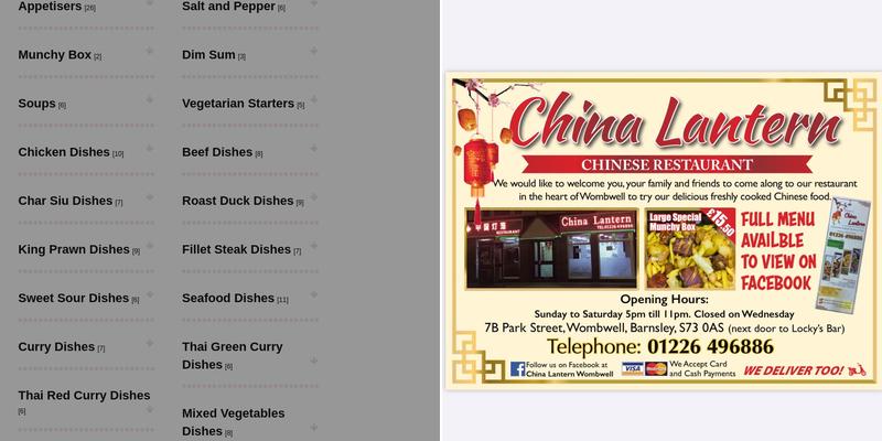 China Lantern Chinese Restaurant and Takeaway Menu