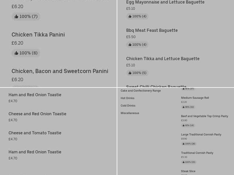 Barnstaple Bakery Menu