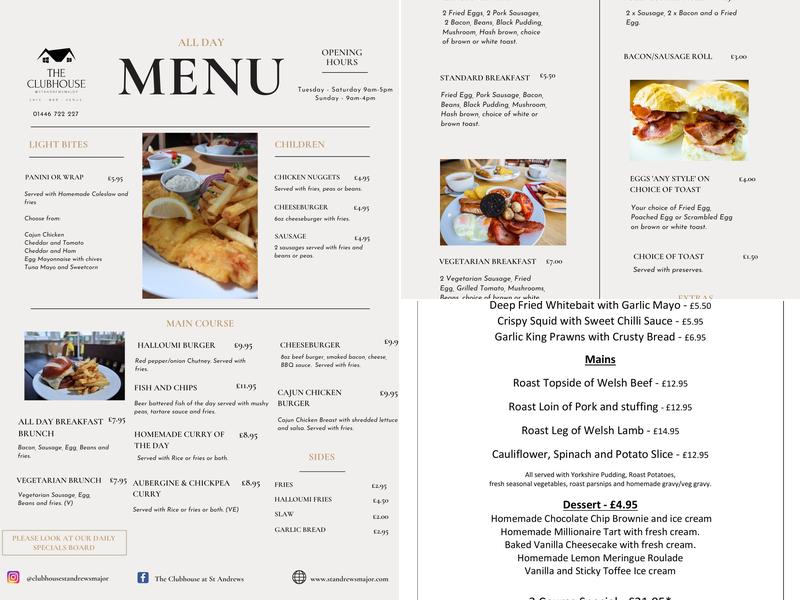 Footgolf, Driving Range and The Clubhouse Restaurant Menu