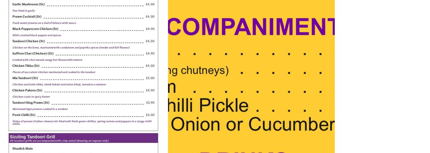 Admiral Duncan Inn, Menu