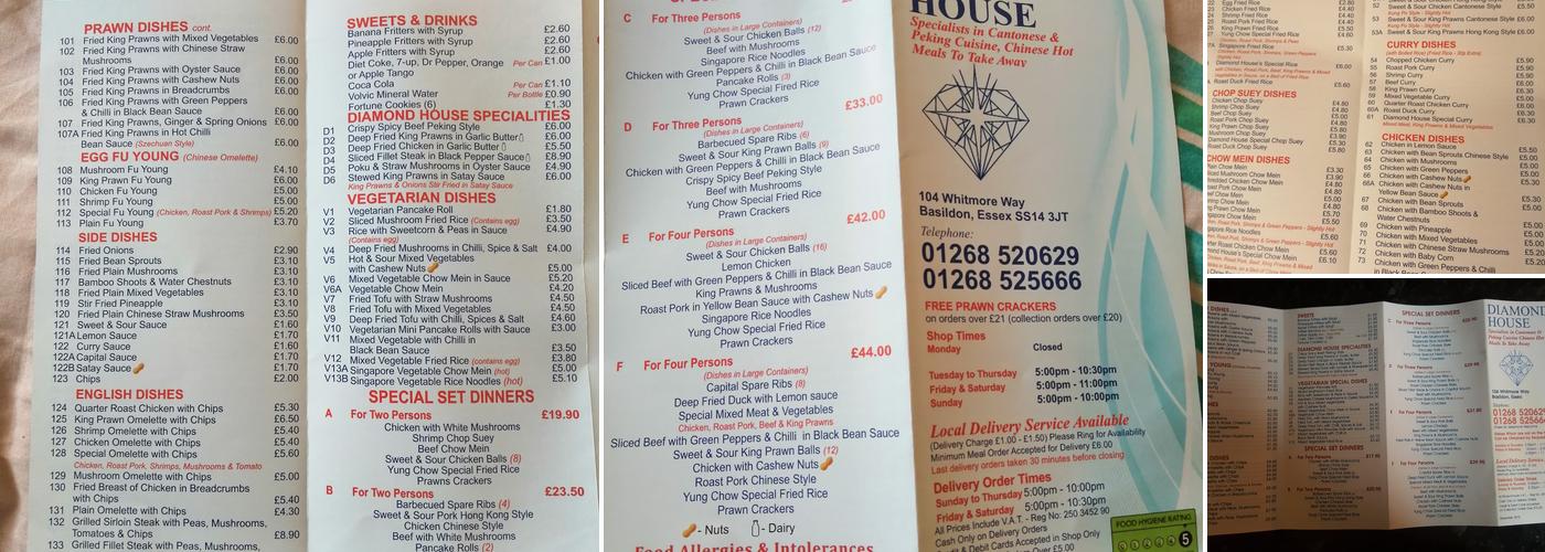 Diamond House Menu