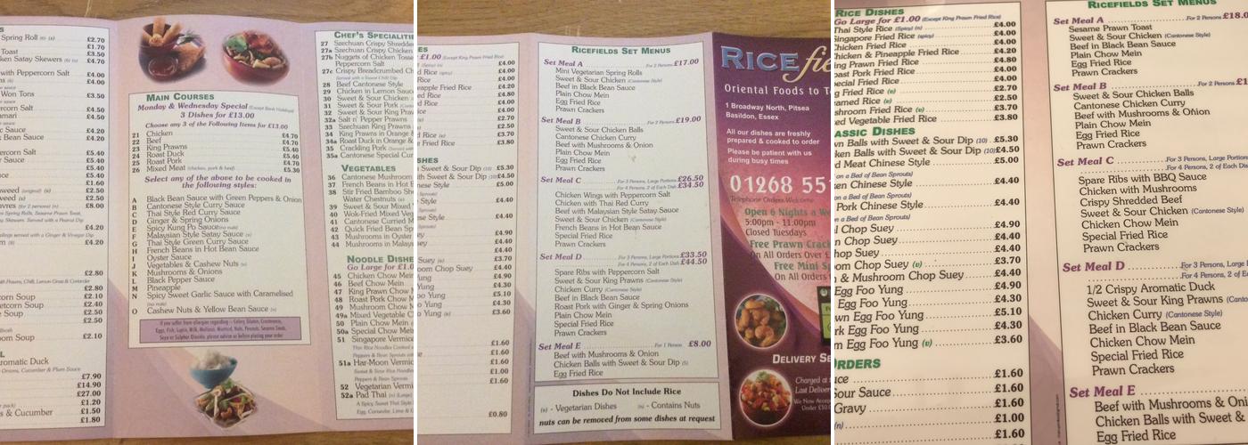 Ricefields Menu
