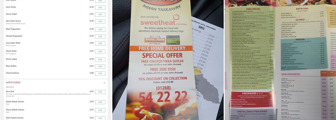 Zara Indian Takeaway Menu