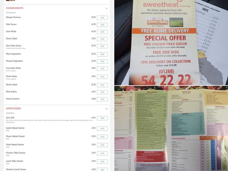 Zara Indian Takeaway Menu