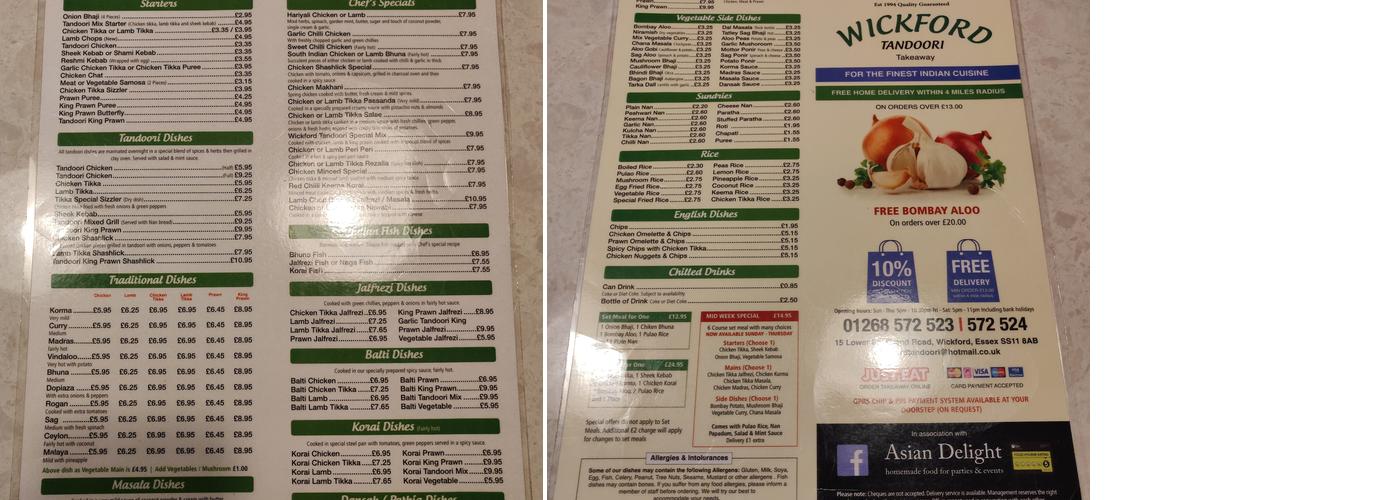 Wickford Tandoori Menu