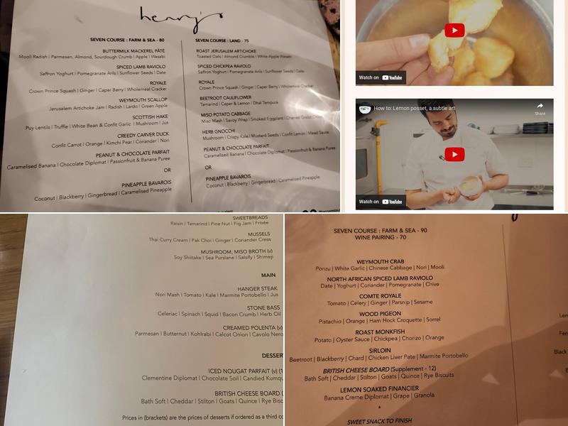 Henry's Restaurant Bath Menu