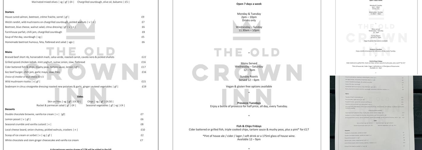 The Old Crown Inn Menu