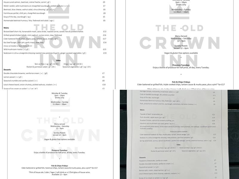 The Old Crown Inn Menu