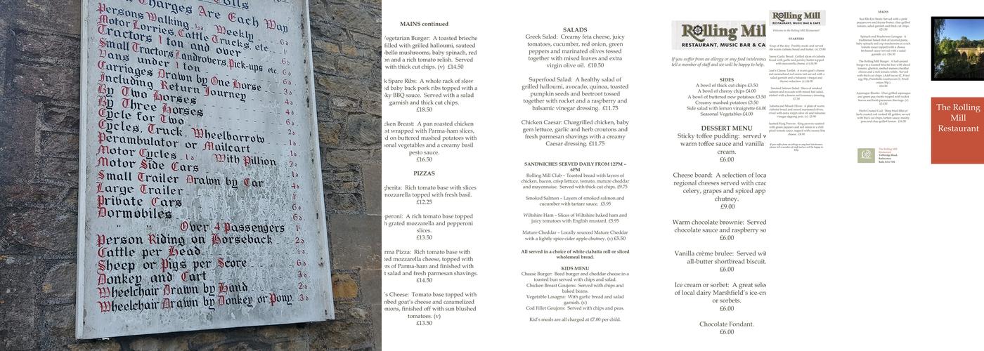 Rolling Mill Music Bar & Cafe Menu