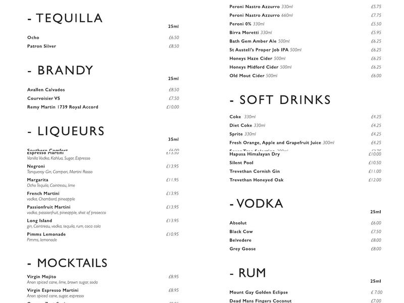 Henrietta Bar & Garden at The Roseate Villa Bath Menu