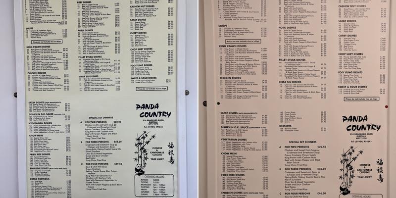 Panda Country Menu