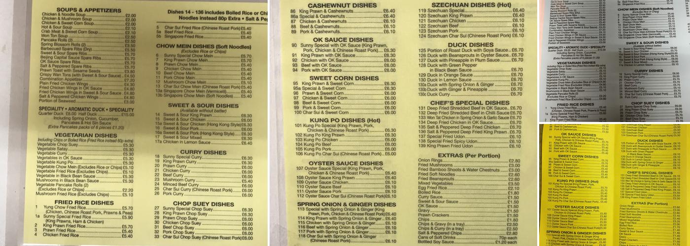 Sunny Chop Suey Centre Menu