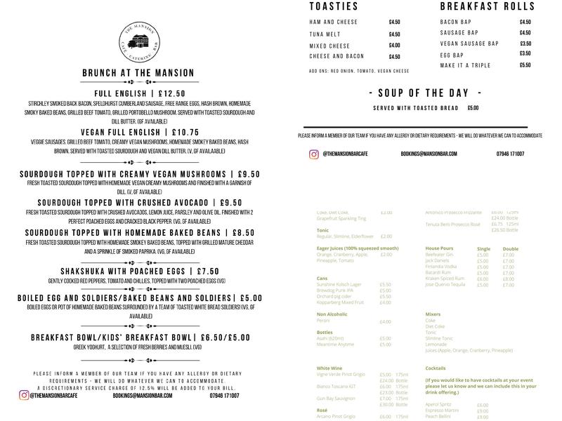 The Mansion Bar & Café Menu