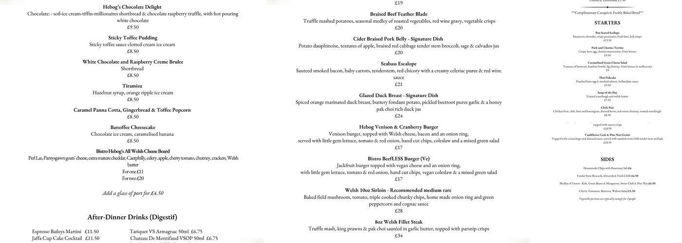 Y Bistro yn yr Hebog Menu