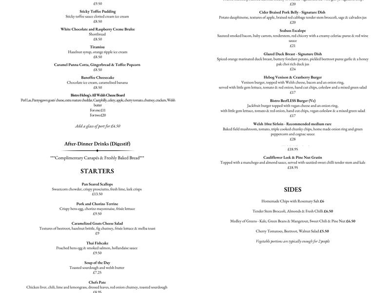 Y Bistro yn yr Hebog Menu