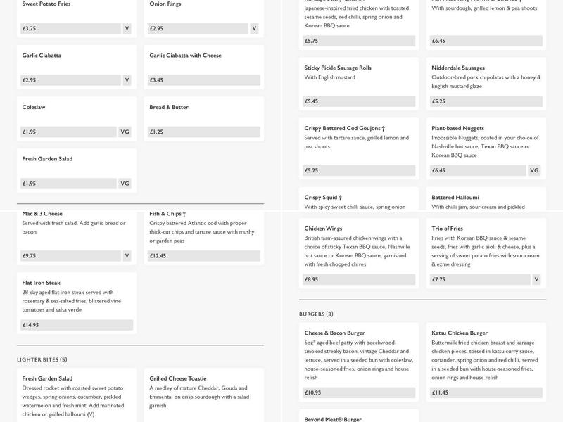 George & Dragon Menu