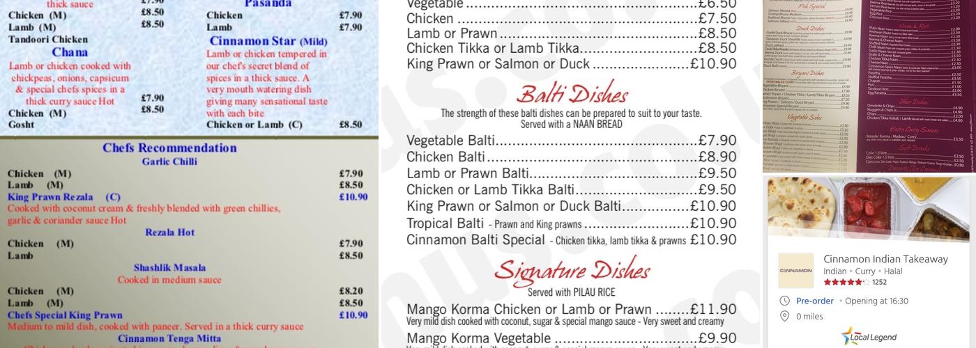 Cinnamon Indian Takeaway Menu