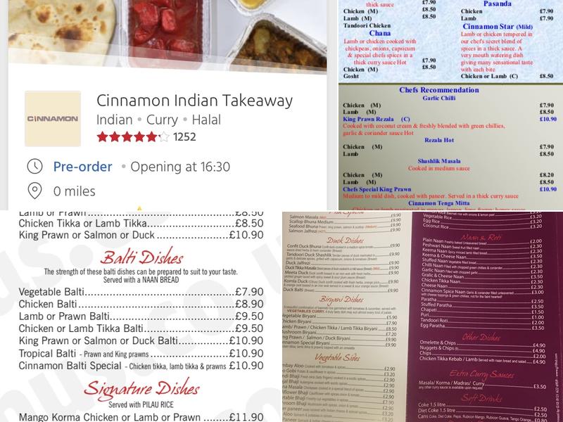 Cinnamon Indian Takeaway Menu