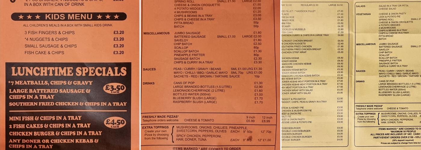 Heath Road Fish Saloon Menu
