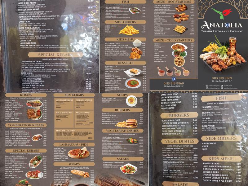 Anatolia Restaurant Nottingham Menu
