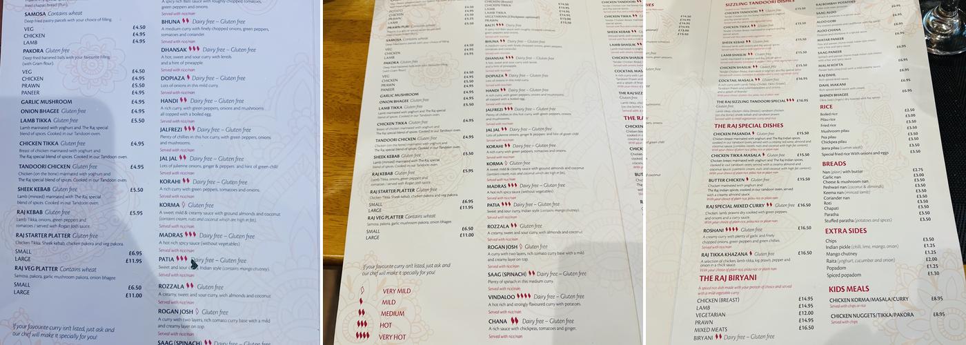 The Raj Authentic Indian Food Menu