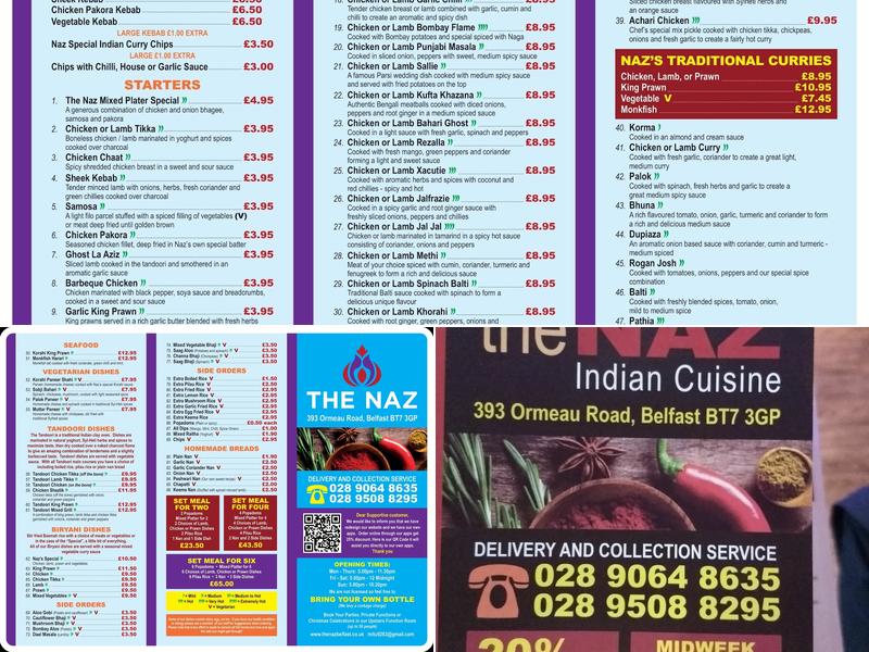 The Naz Indian Cuisine Menu
