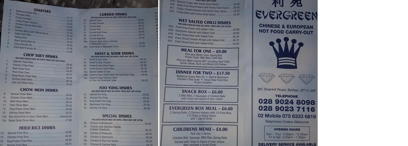 Evergreen chinese Menu