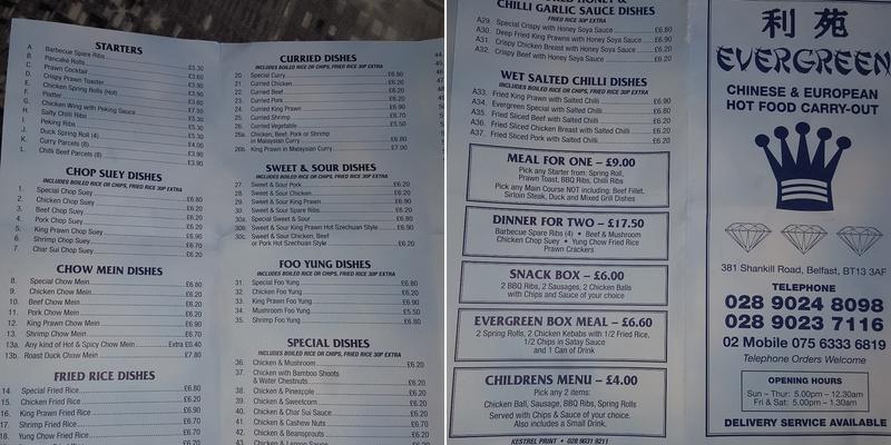 Evergreen chinese Menu