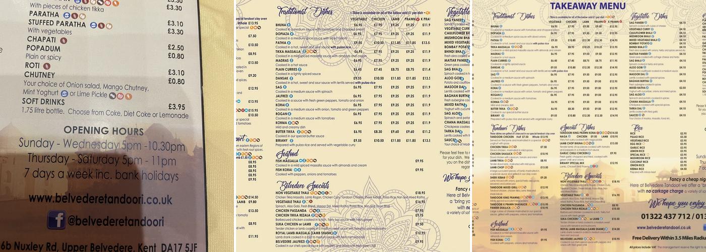 Belvedere Tandoori Menu