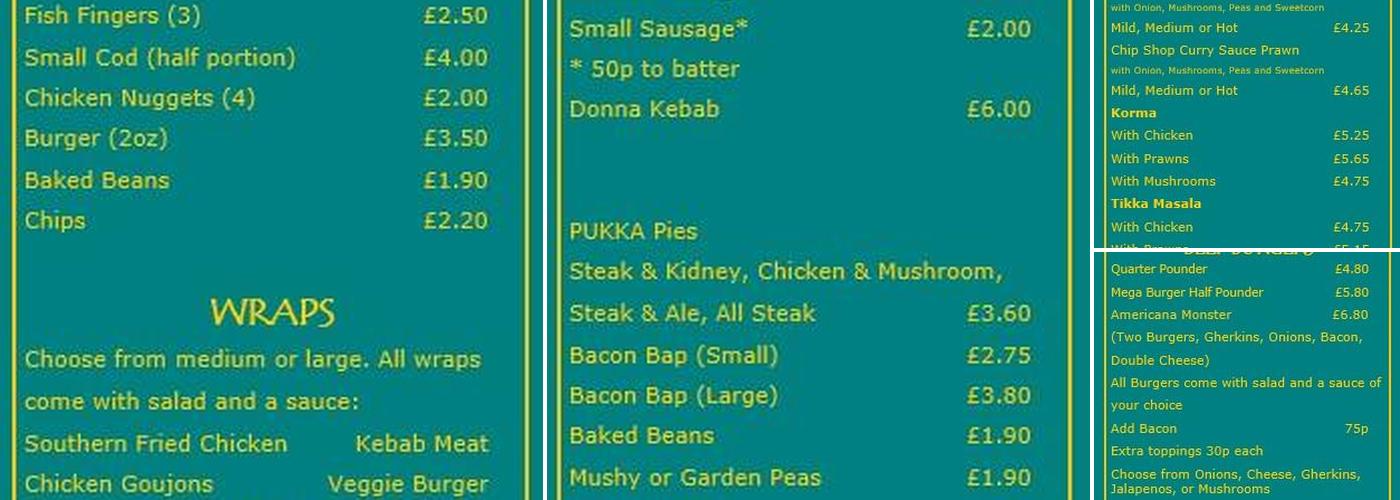 Bere Alston Fish And Chip Shop Menu