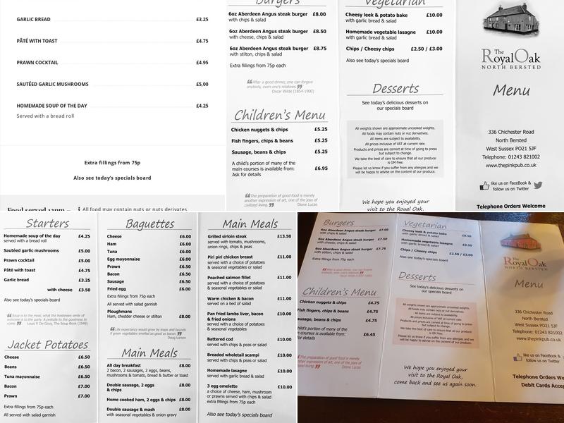 The Royal Oak Menu