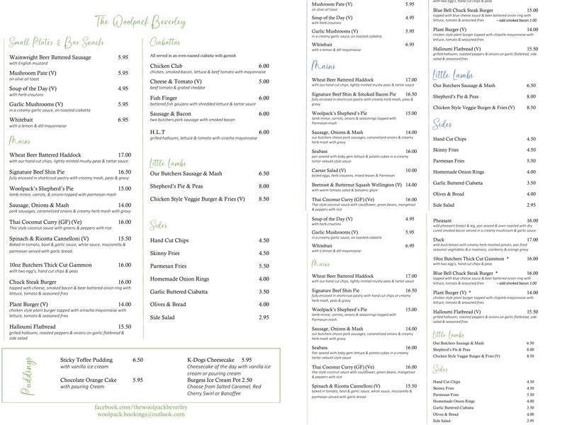 The Woolpack Beverley Menu