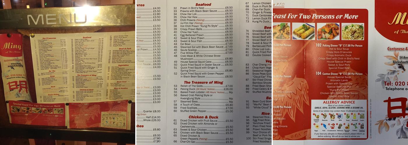 Ming of the Avenue Menu