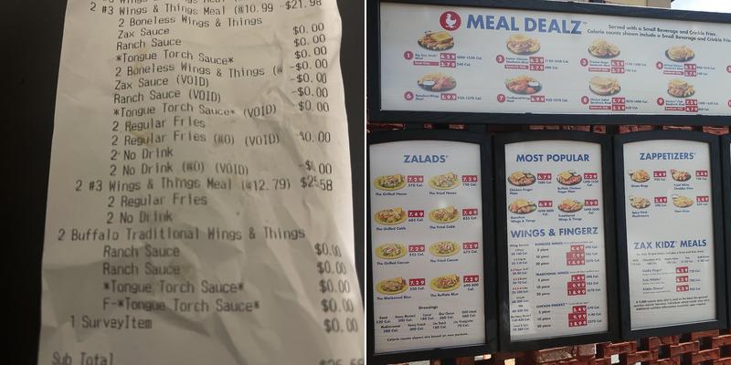 Zaxbys Chicken Fingers & Buffalo Wings Menu