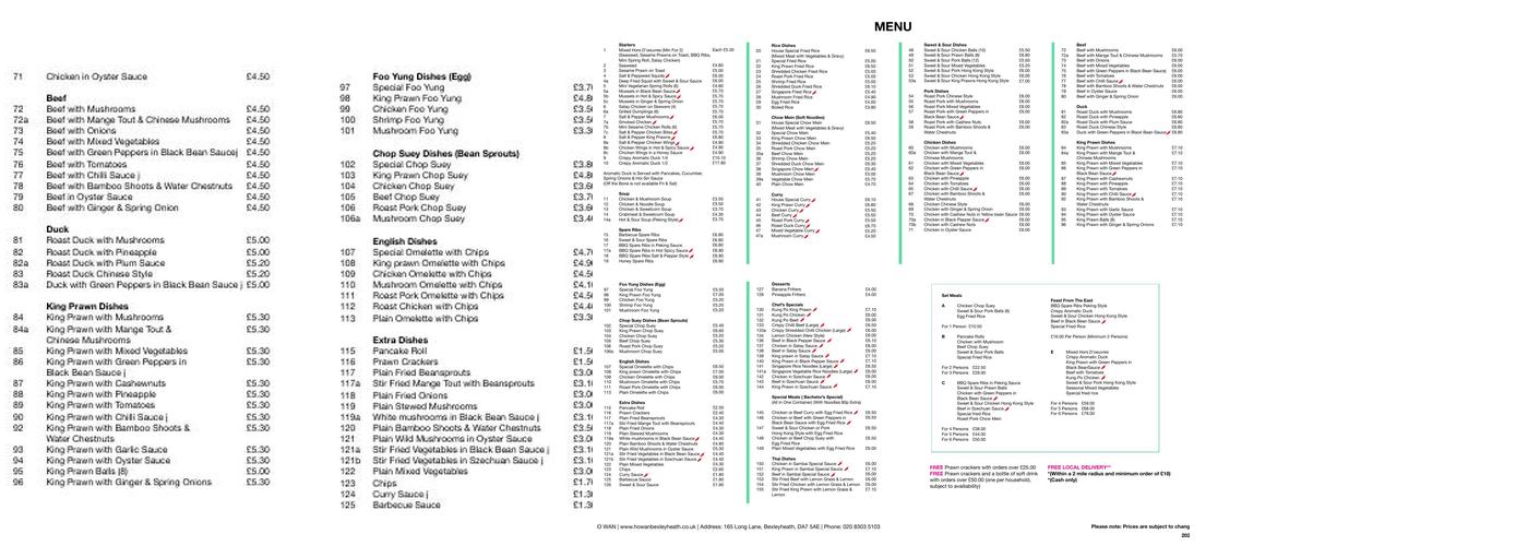 Ho Wan Chinese Takeaway Bexleyheath Menu