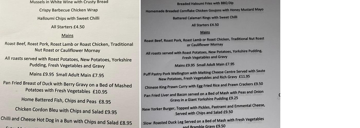 Railway Inn Menu