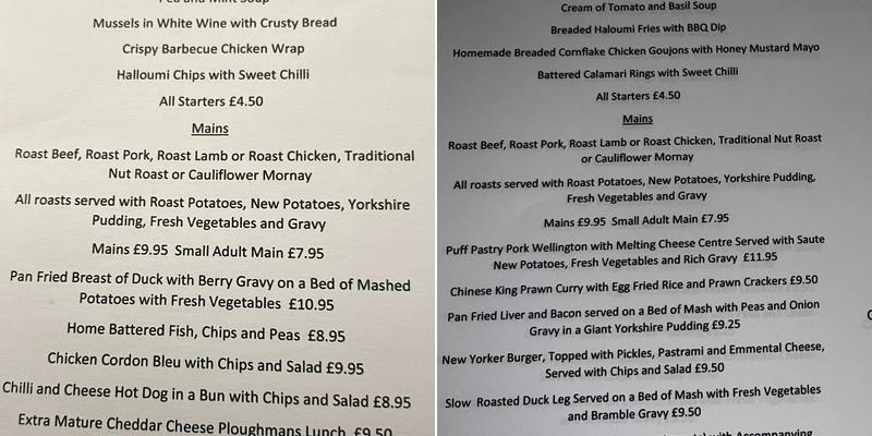 Railway Inn Menu