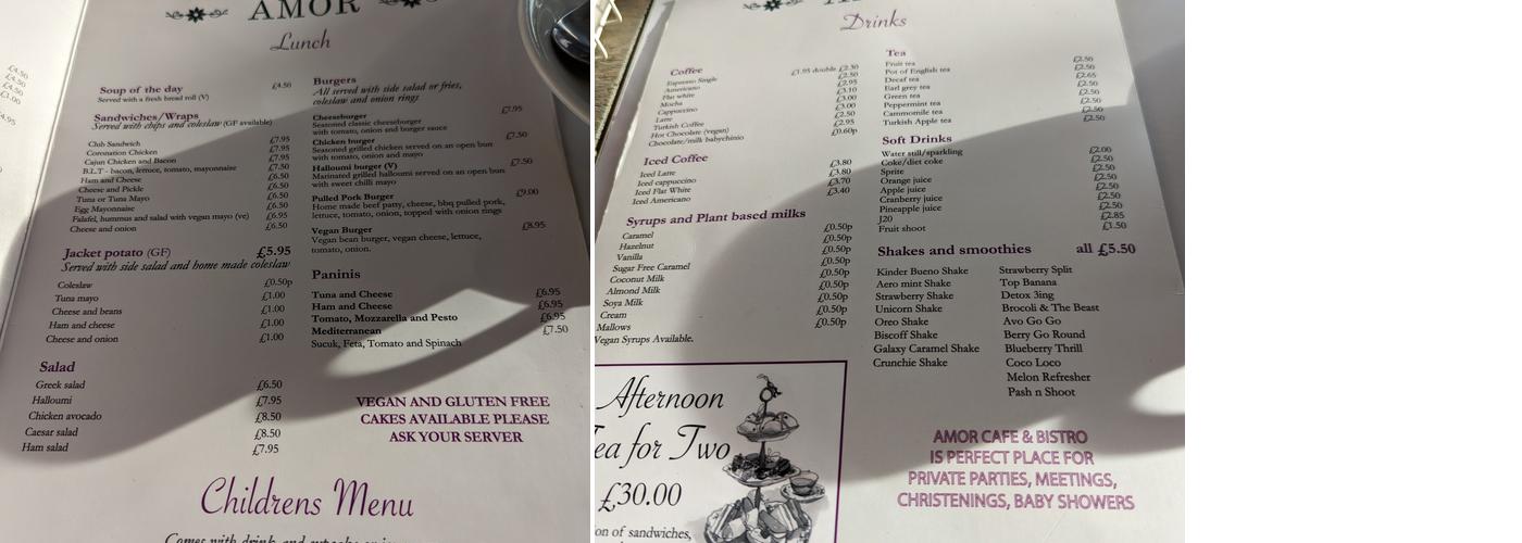 Amor Cafe and Bistro Menu